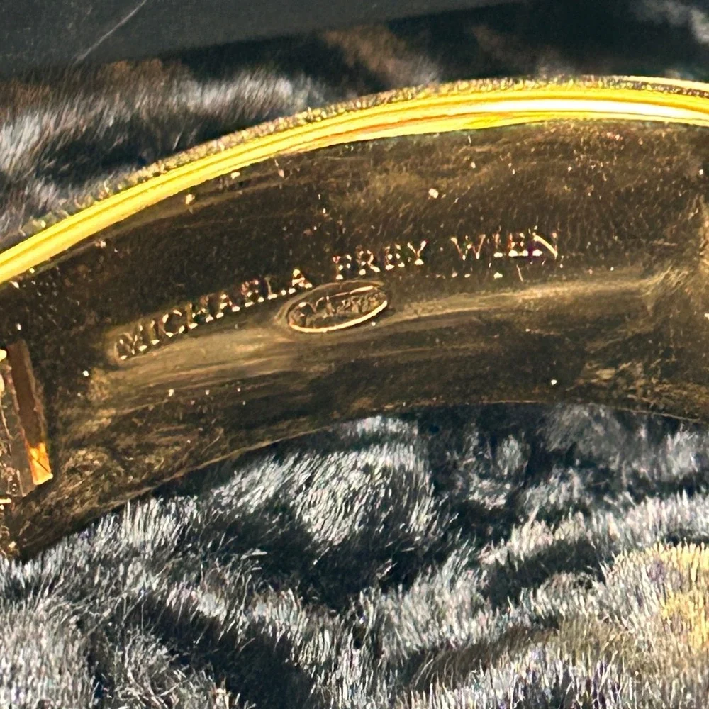 Michaela Frey Wien Vintage Enamel Hinged Bangle Bracelet Gold Tone Floral Iris